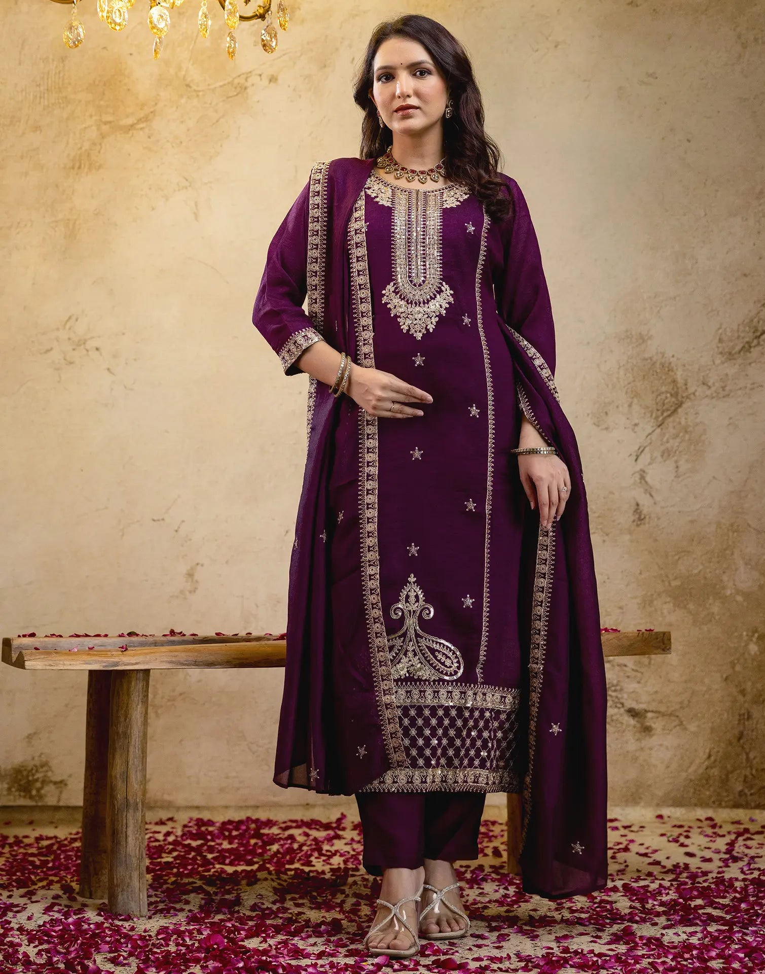 Poly Chinnon Embroidered Straight 3 Piece Kurta Set