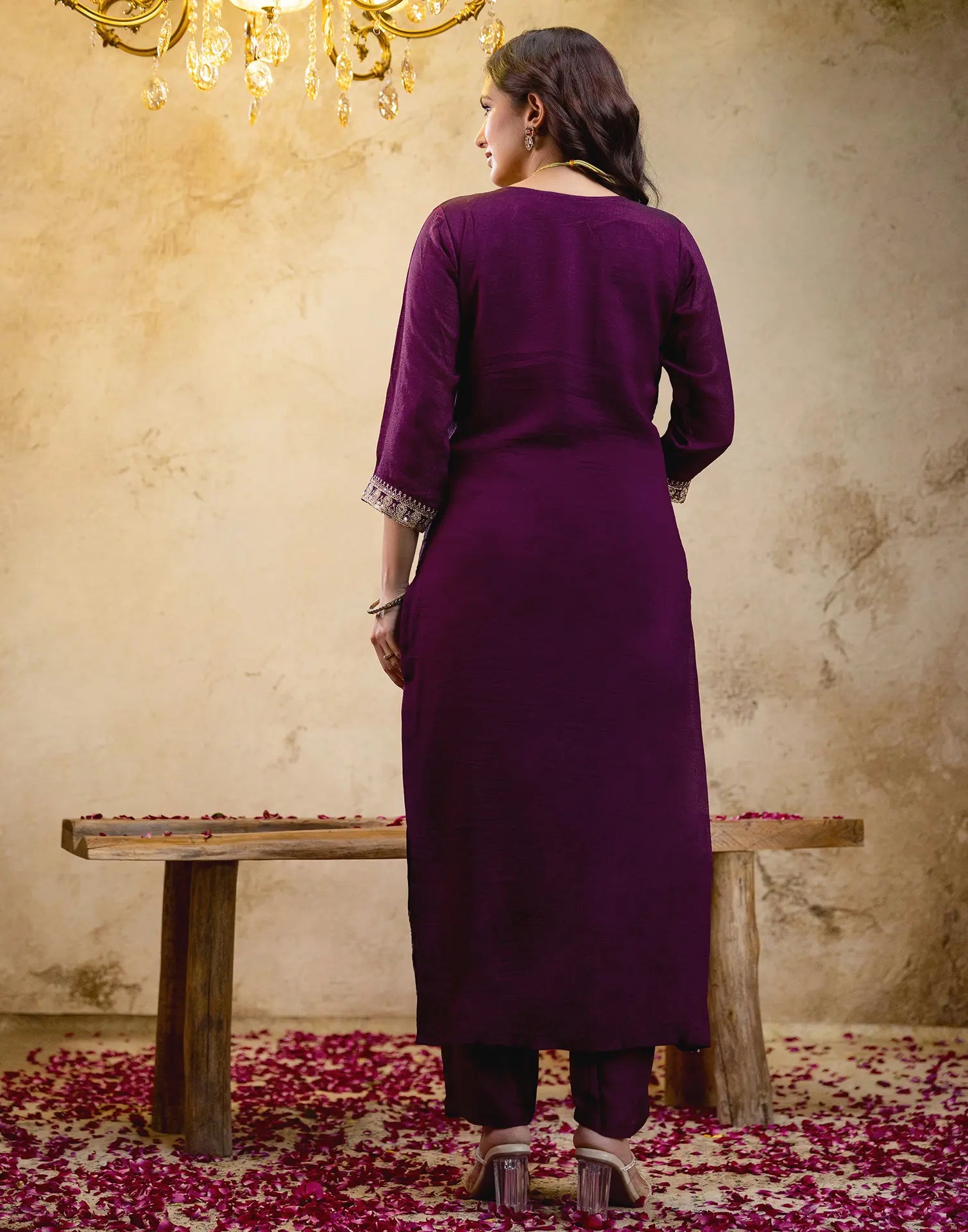 Poly Chinnon Embroidered Straight 3 Piece Kurta Set