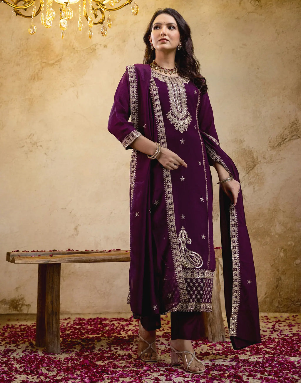 Poly Chinnon Embroidered Straight 3 Piece Kurta Set