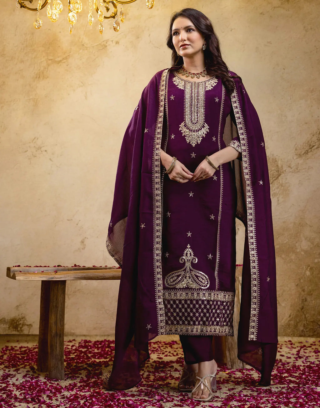 Poly Chinnon Embroidered Straight 3 Piece Kurta Set