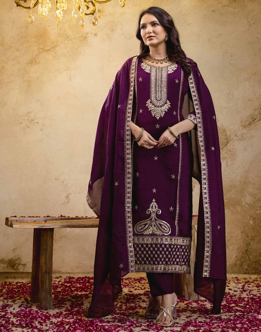 Silk Embroidered Straight Kurta with Pant & Dupatta