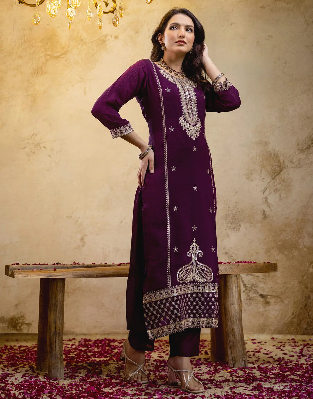 Poly Chinnon Embroidered Straight 3 Piece Kurta Set