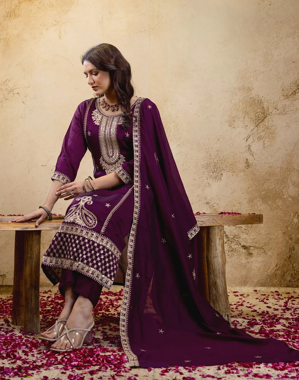Poly Chinnon Embroidered Straight 3 Piece Kurta Set