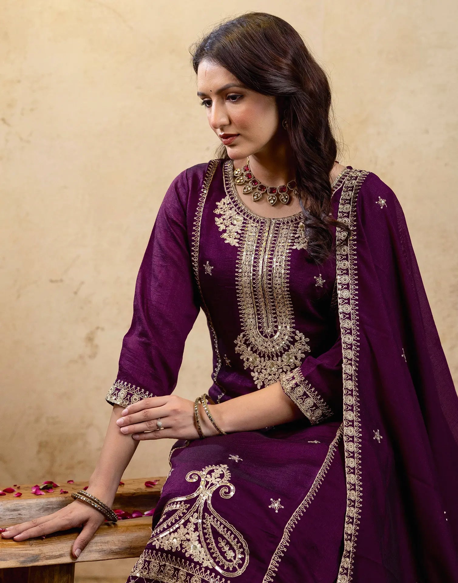 Poly Chinnon Embroidered Straight 3 Piece Kurta Set