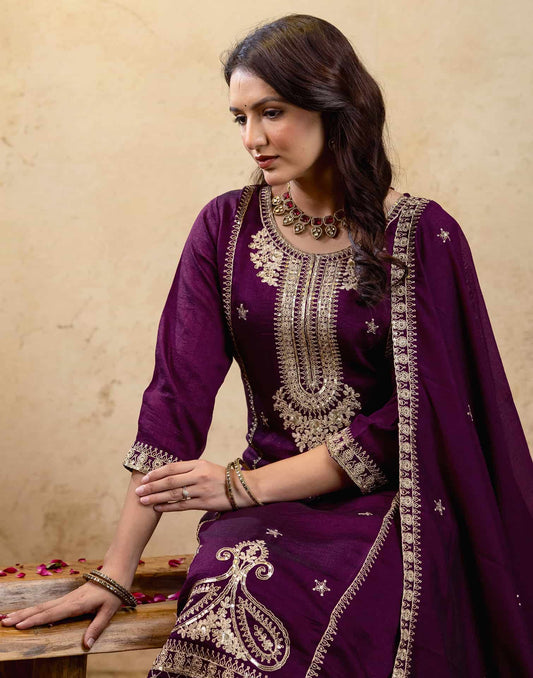 Silk Embroidered Straight Kurta with Pant & Dupatta