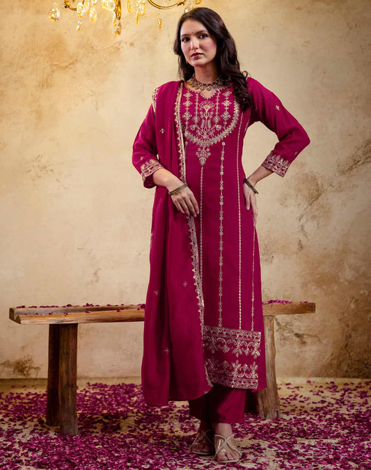 Silk Embroidered Straight Kurta with Pant & Dupatta