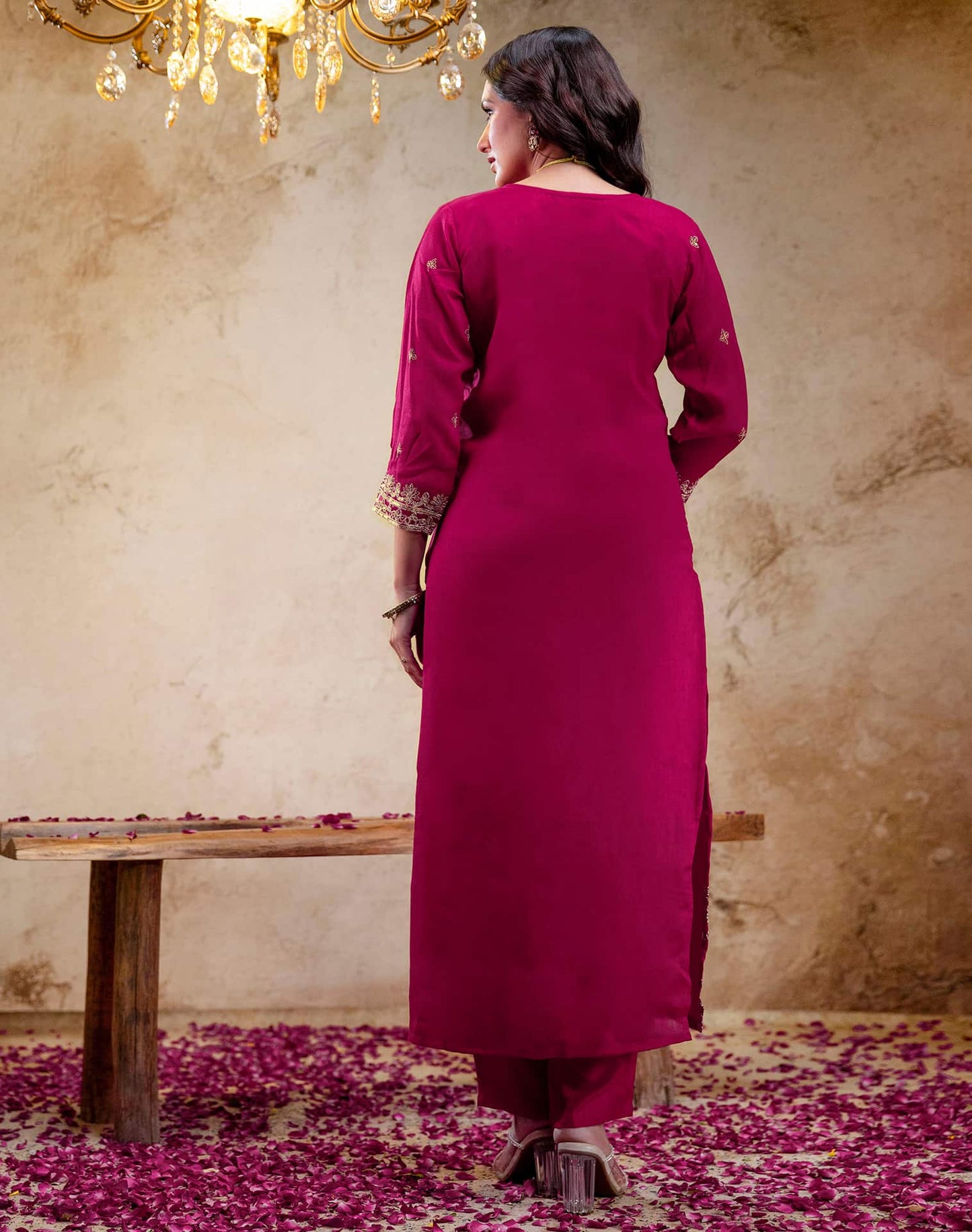 Silk Embroidered Straight Kurta with Pant & Dupatta