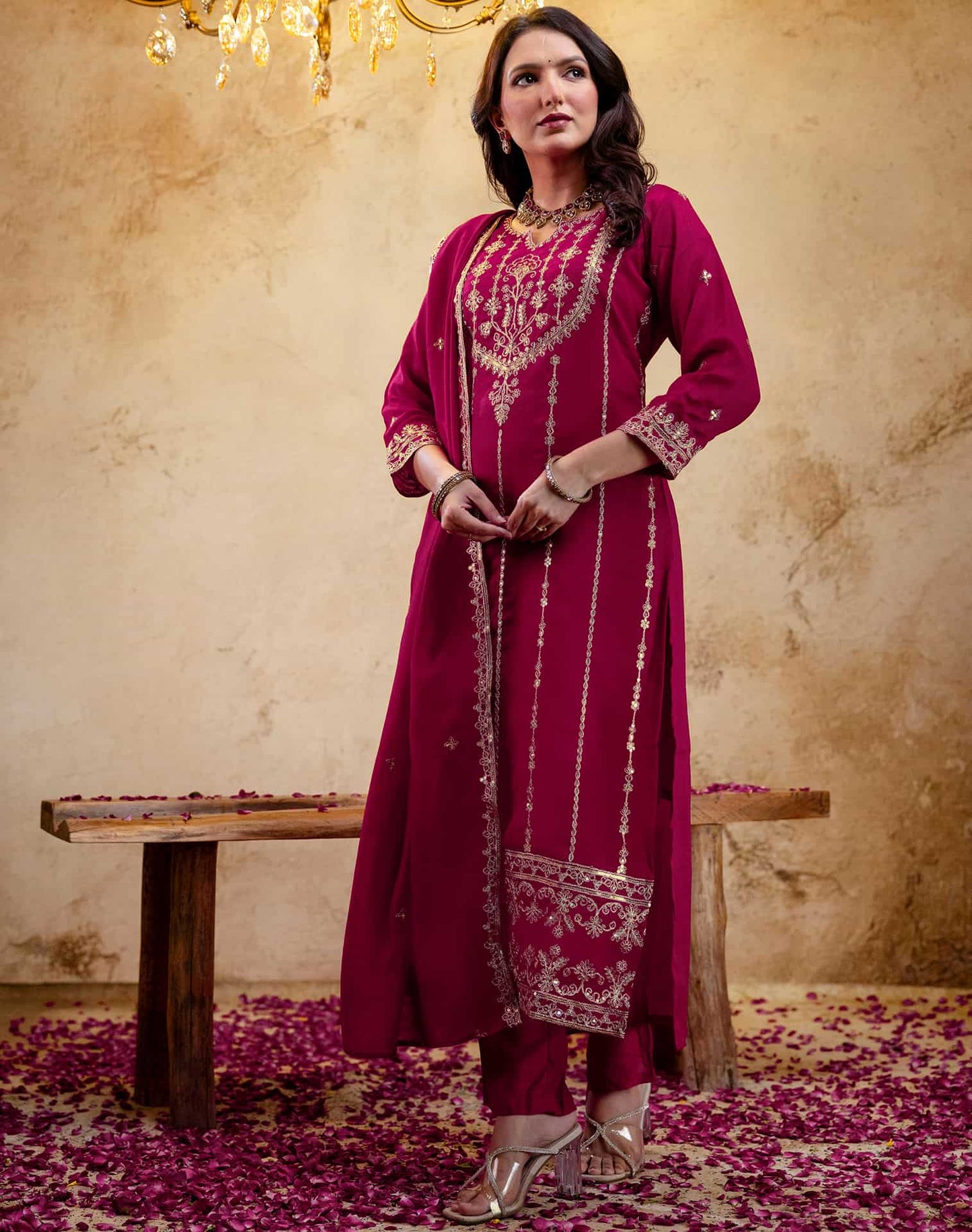Silk Embroidered Straight Kurta with Pant & Dupatta