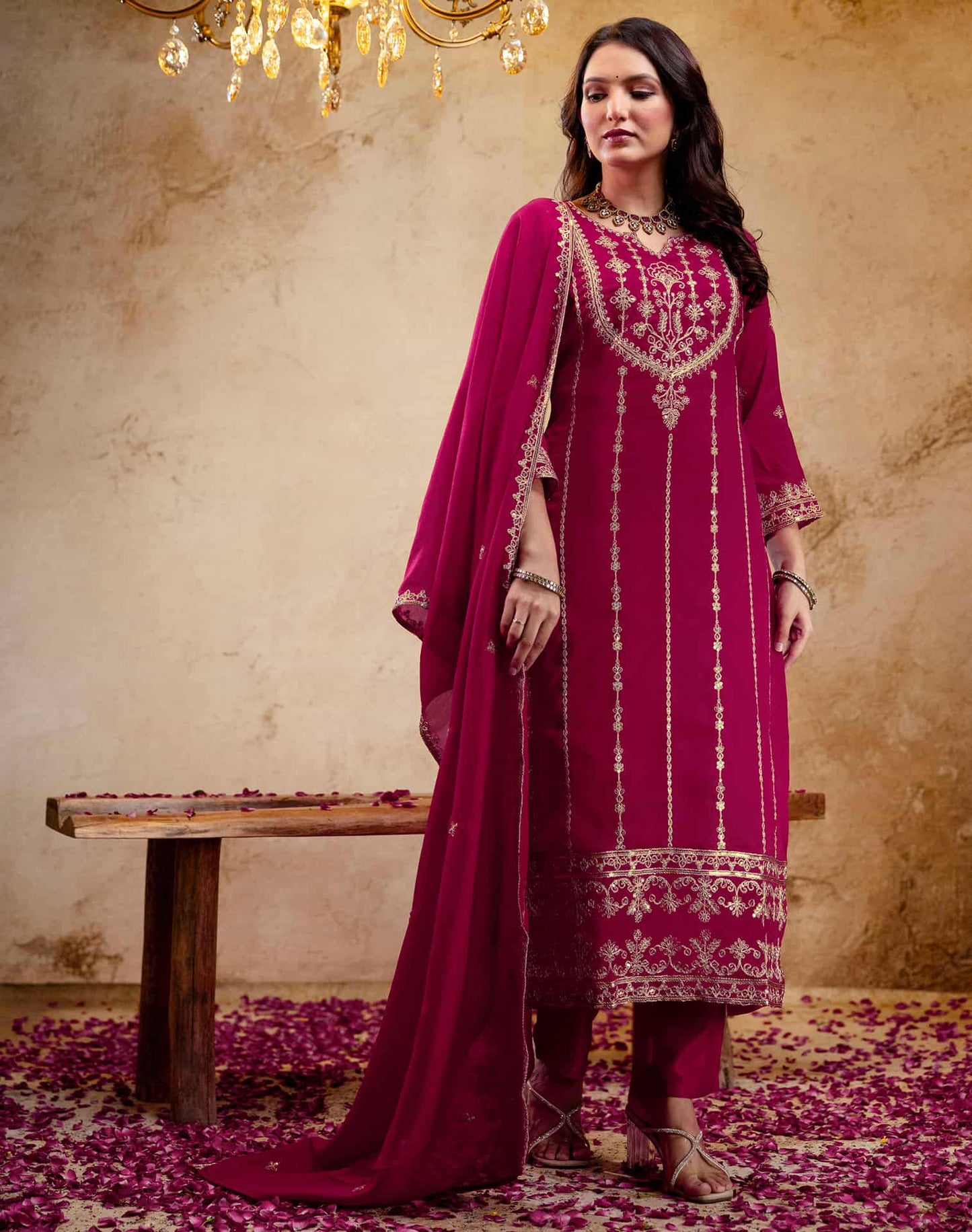 Silk Embroidered Straight Kurta with Pant & Dupatta