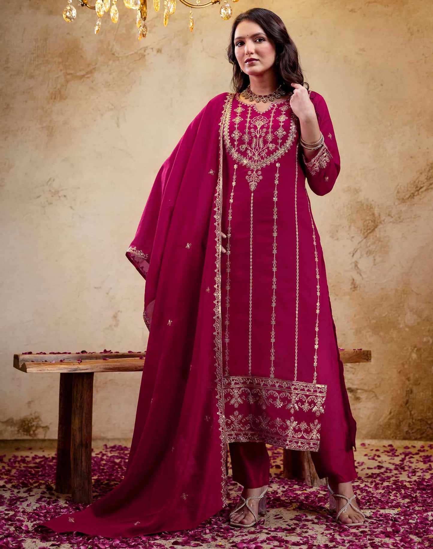 Silk Embroidered Straight Kurta with Pant & Dupatta