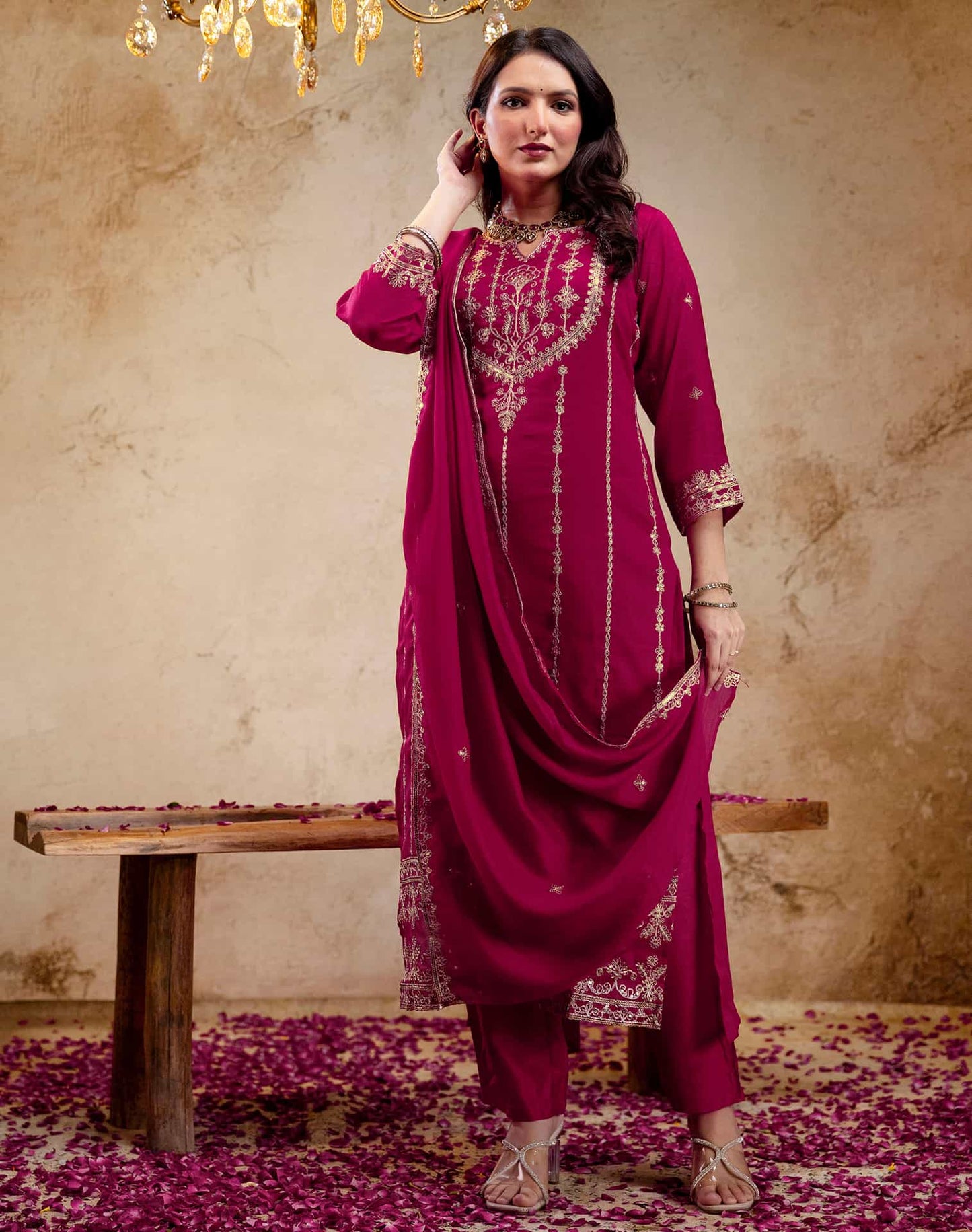 Silk Embroidered Straight Kurta with Pant & Dupatta