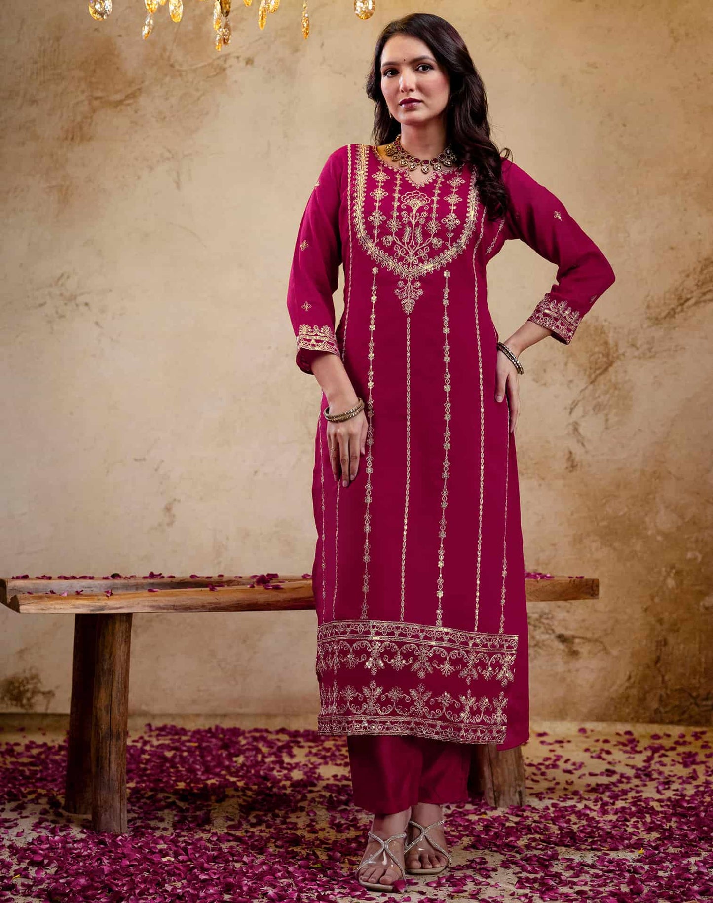 Silk Embroidered Straight Kurta with Pant & Dupatta