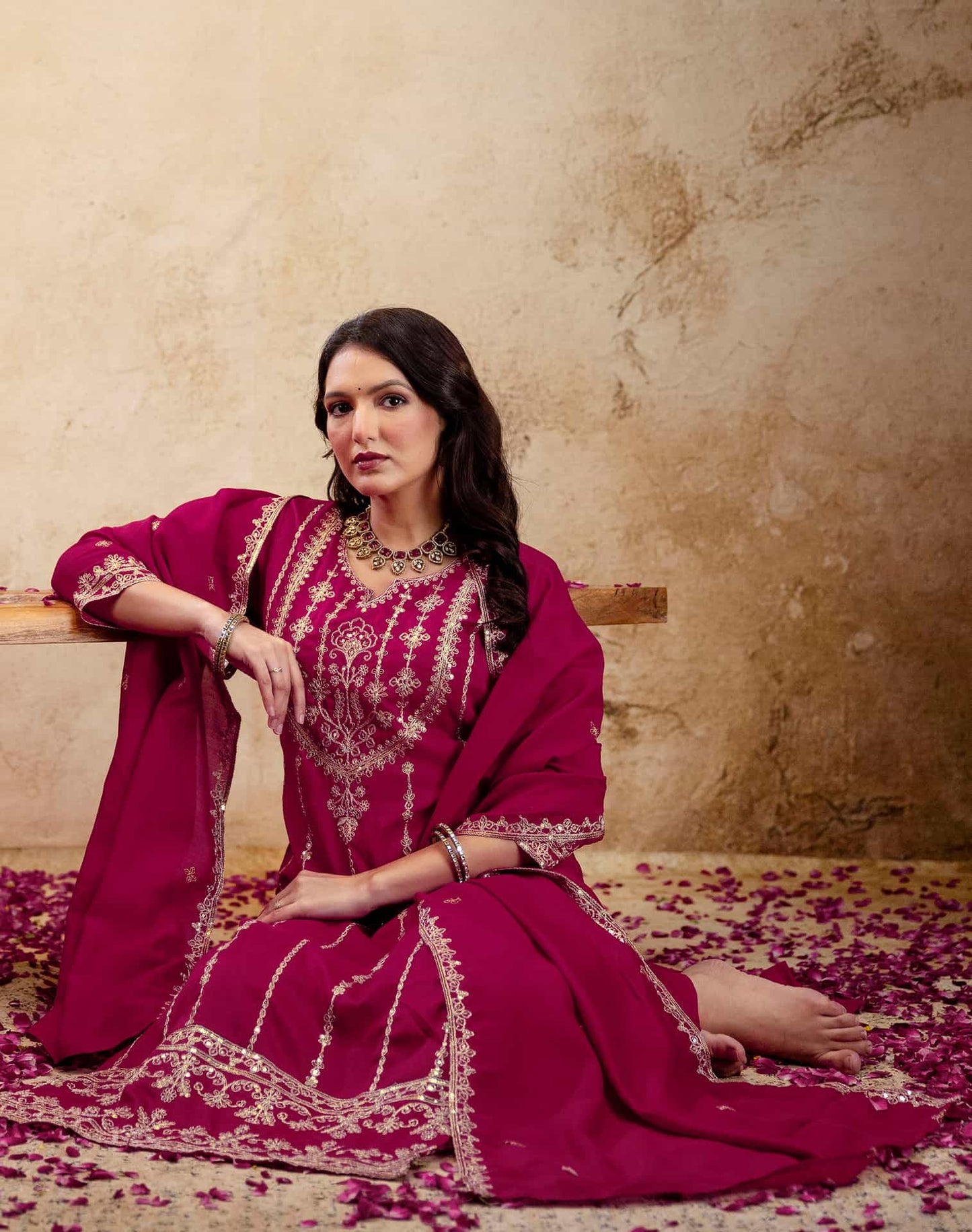 Silk Embroidered Straight Kurta with Pant & Dupatta