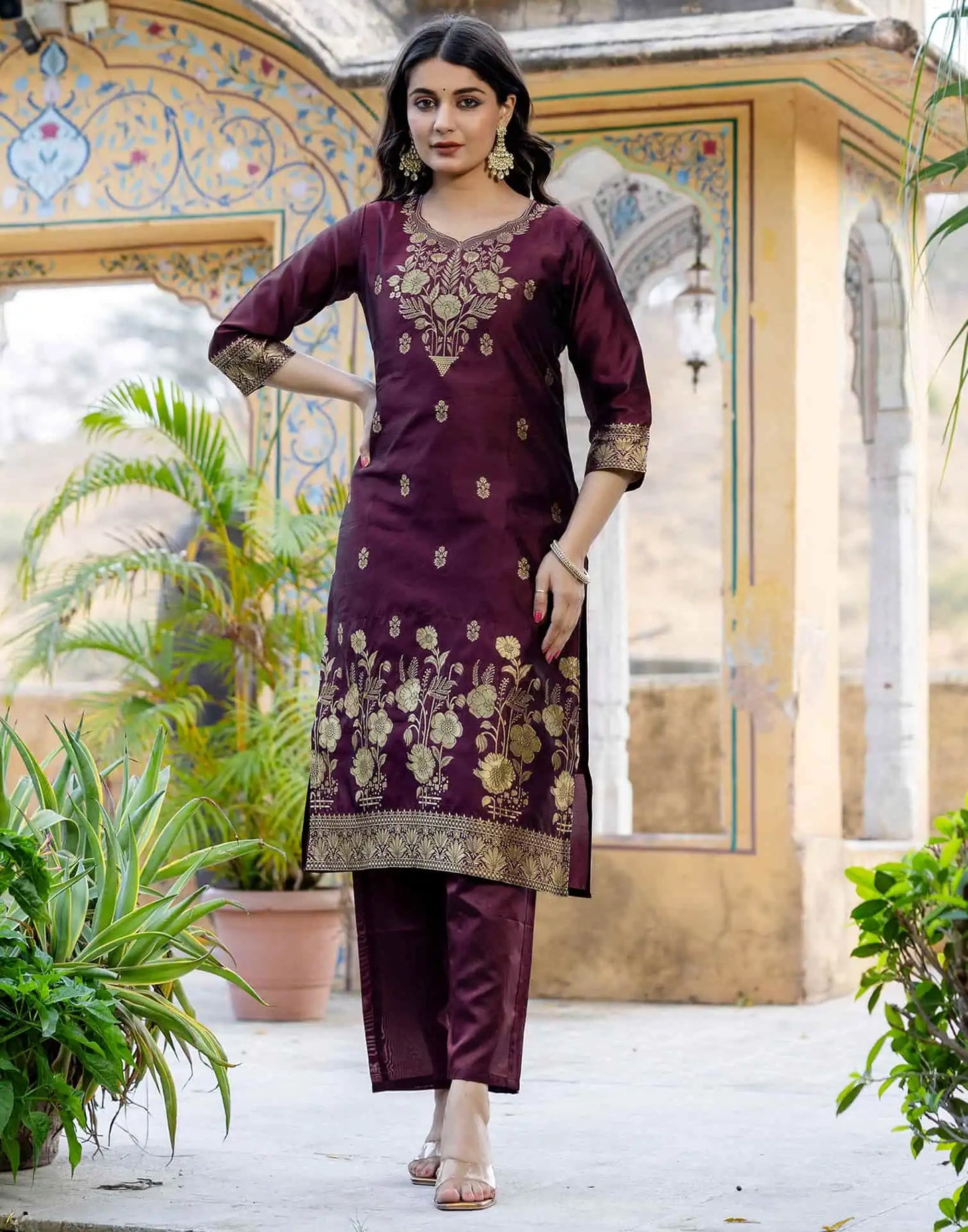 Purple Silk Blend Weaving Straight Kurta Set for Women with Pant & Dupatta