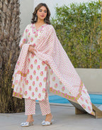 Skylee Cotton Printed Straight 3 Piece Kurta Set For Woman