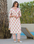 Skylee Cotton Printed Straight 3 Piece Kurta Set For Woman