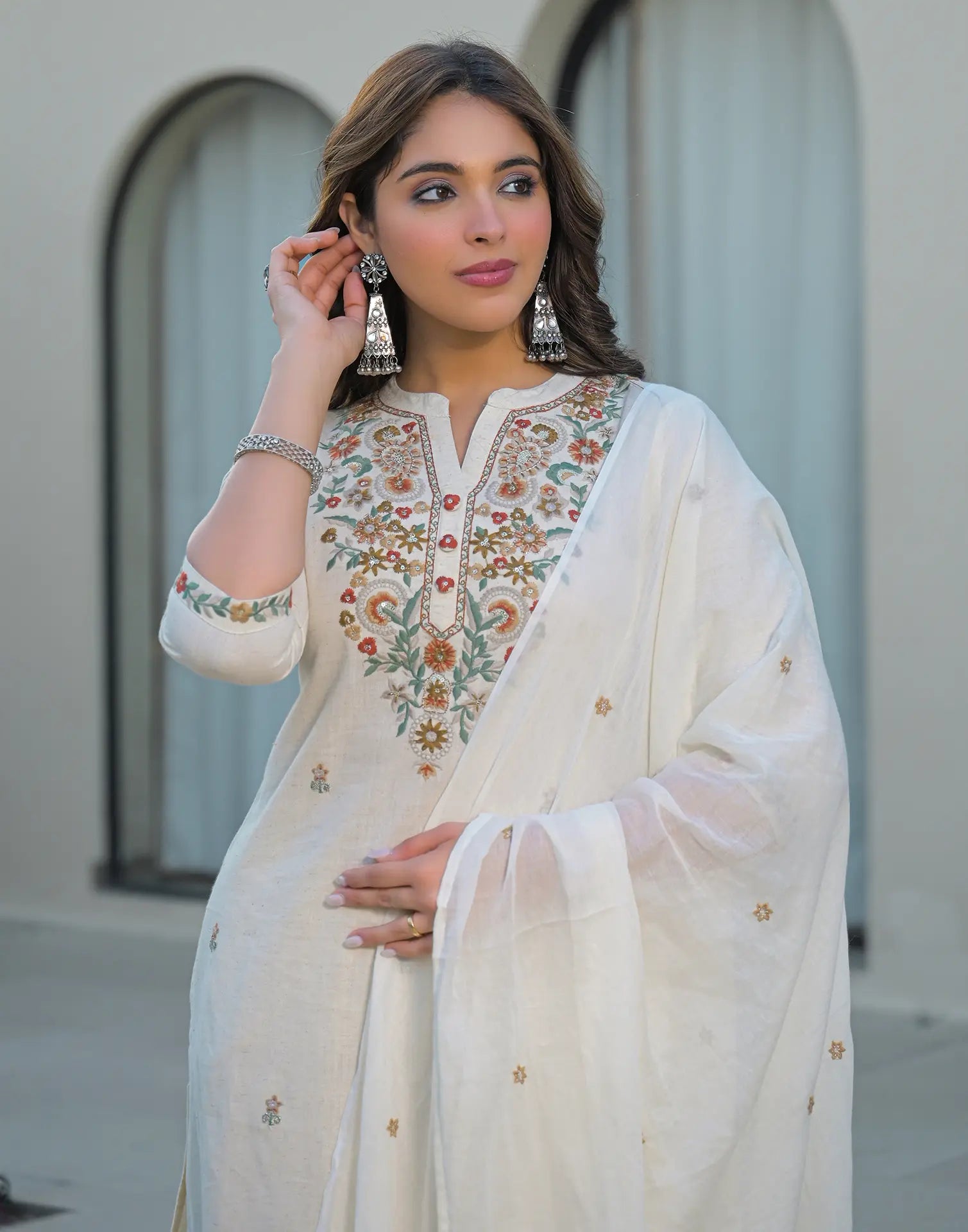 Skylee Cotton Embroidered Straight 3 Piece Kurta Set For Woman