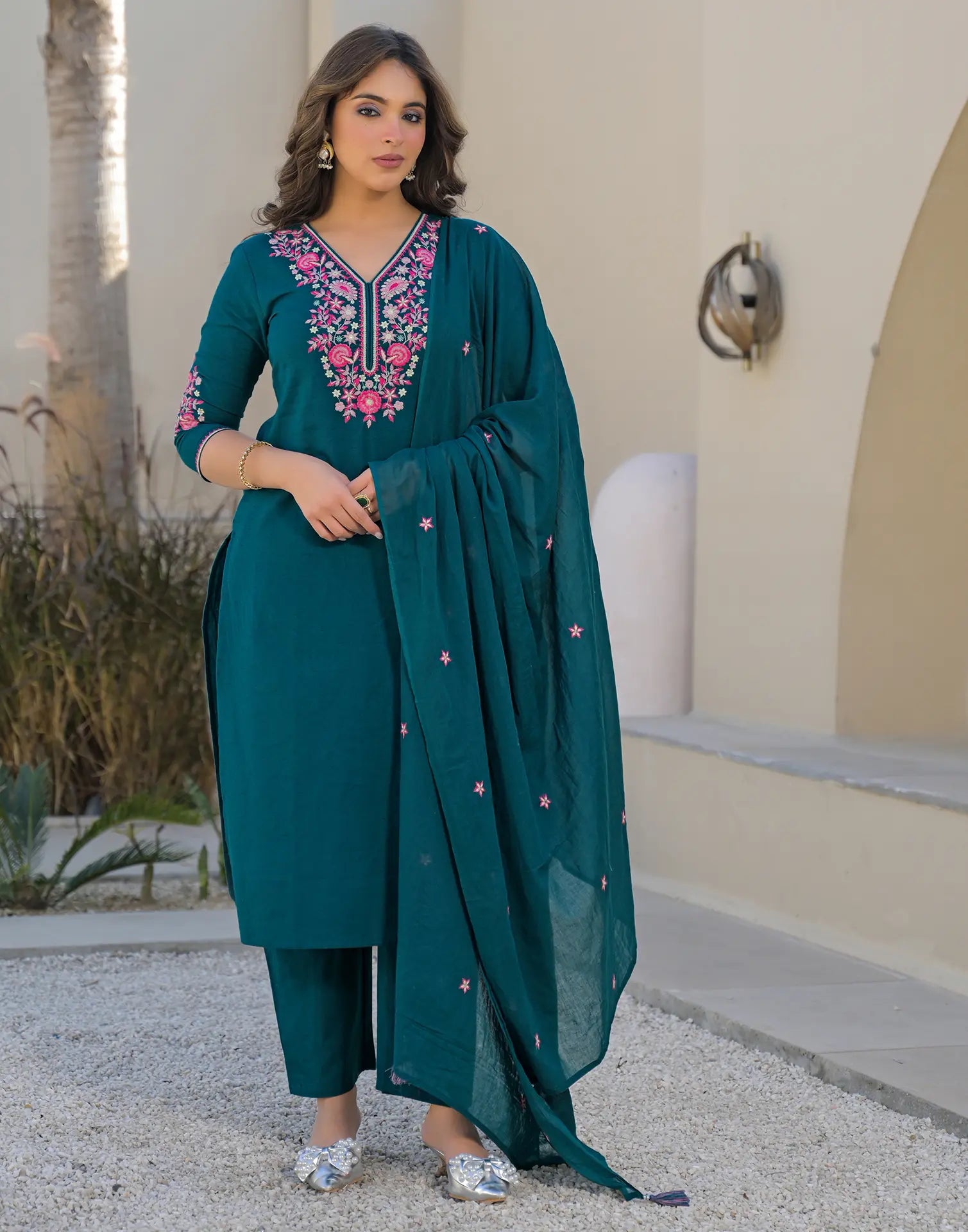 Skylee Cotton Embroidered Straight 3 Piece Kurta Set For Woman