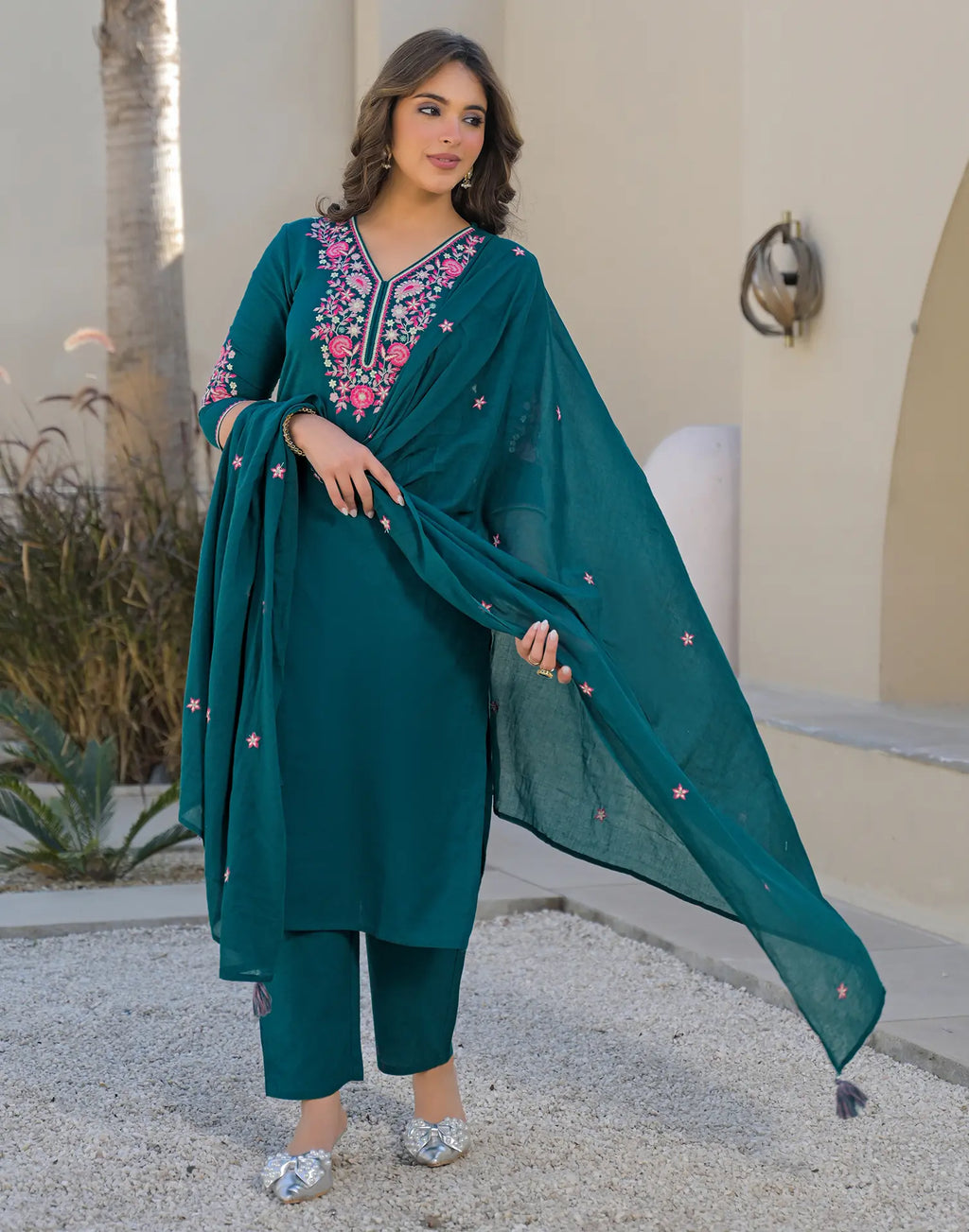 Skylee Cotton Embroidered Straight 3 Piece Kurta Set For Woman