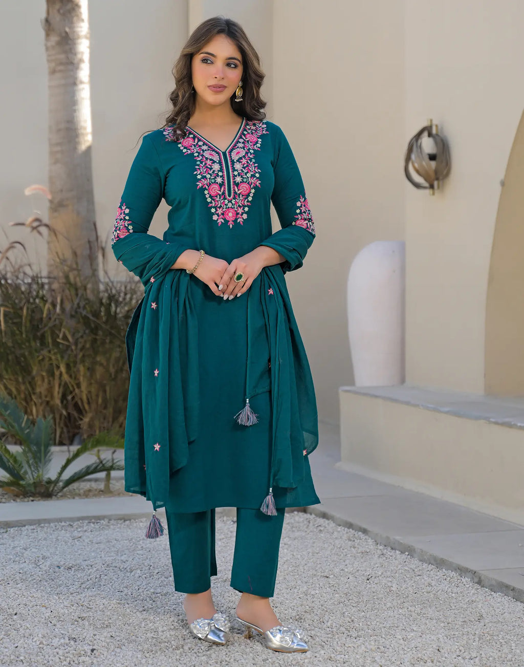 Skylee Cotton Embroidered Straight 3 Piece Kurta Set For Woman