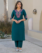 Skylee Cotton Embroidered Straight 3 Piece Kurta Set For Woman