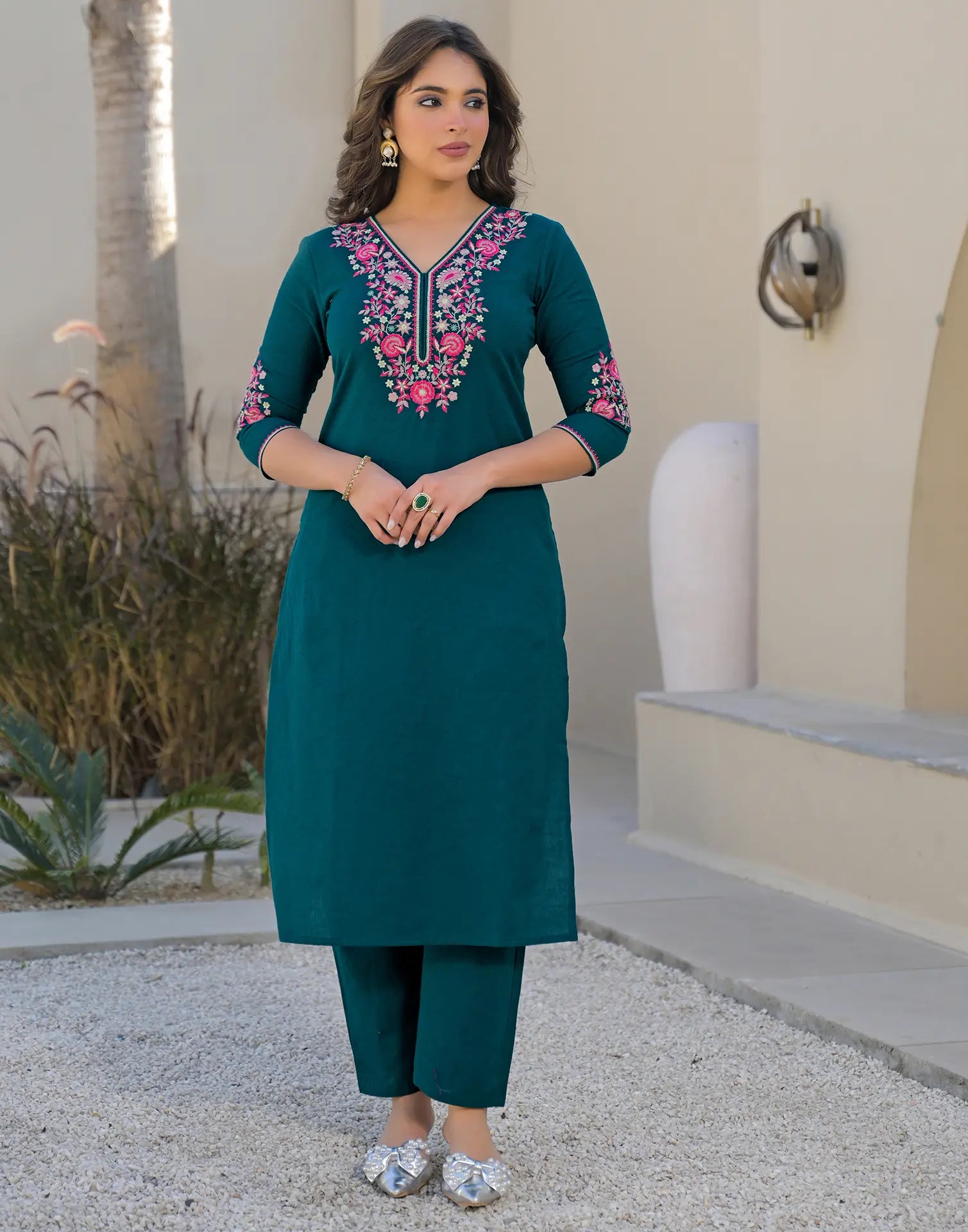 Skylee Cotton Embroidered Straight 3 Piece Kurta Set For Woman