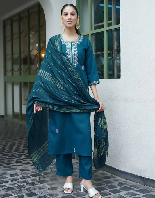 Cotton Blend Embroidered Straight Kurta with Pant & Dupatta
