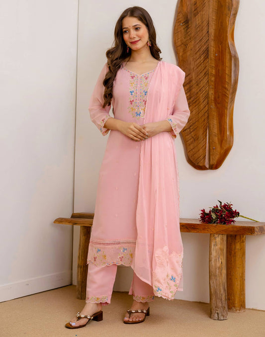 Georgette Embroidered Straight Kurta with Pant & Dupatta