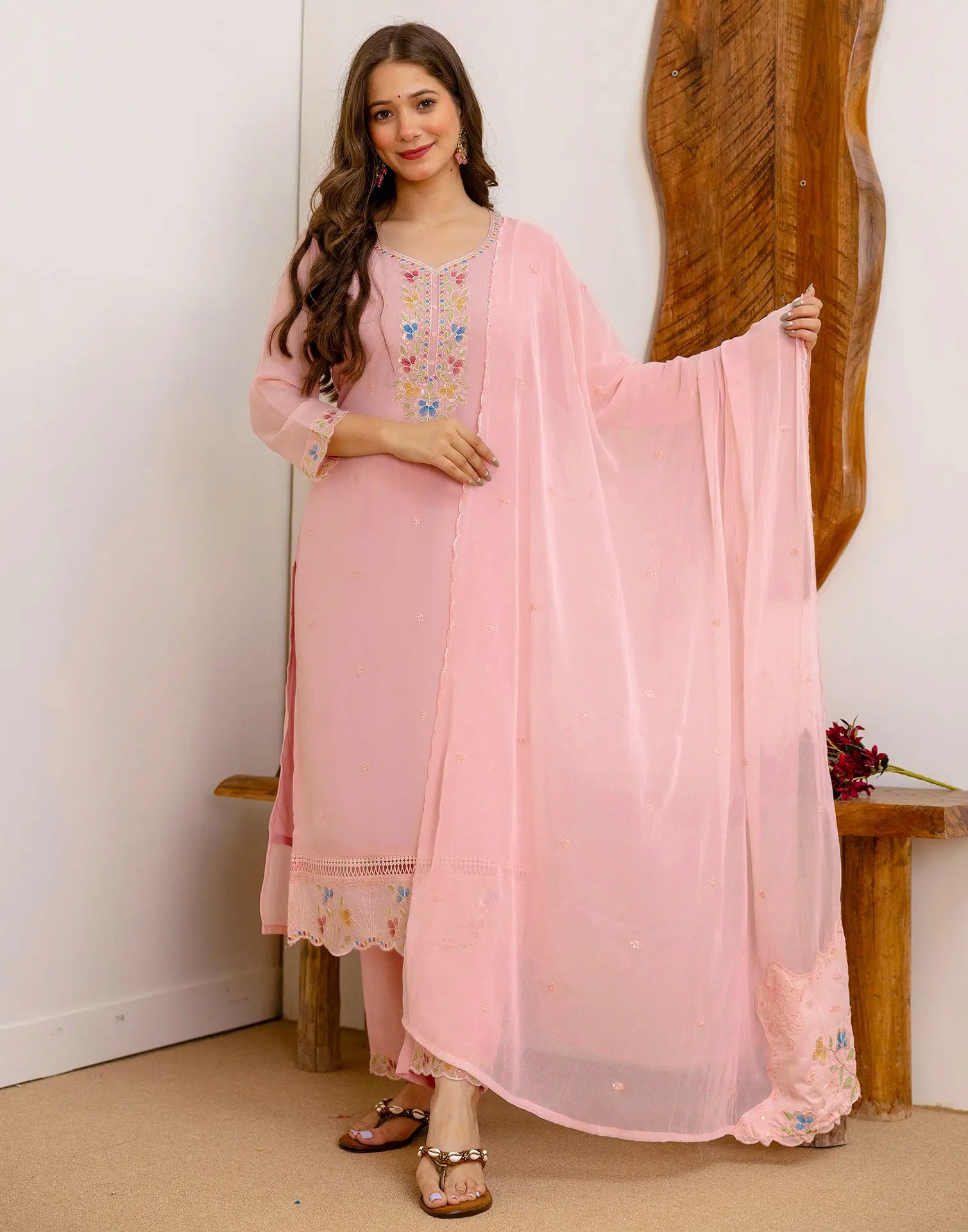 Georgette Embroidered Straight 3 Piece Kurta Set