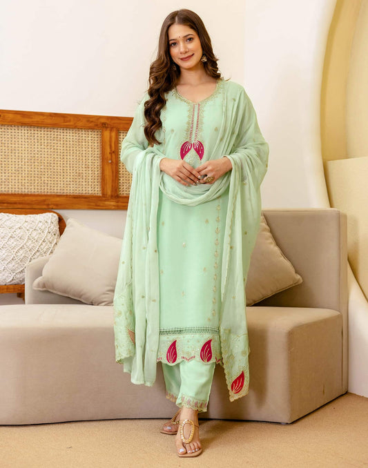 Georgette Embroidered Straight Kurta with Pant & Dupatta