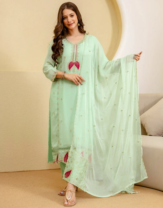 Seafoam Green V-Neck Embellished Straight 3 Piece Kurta Set With Dupatta