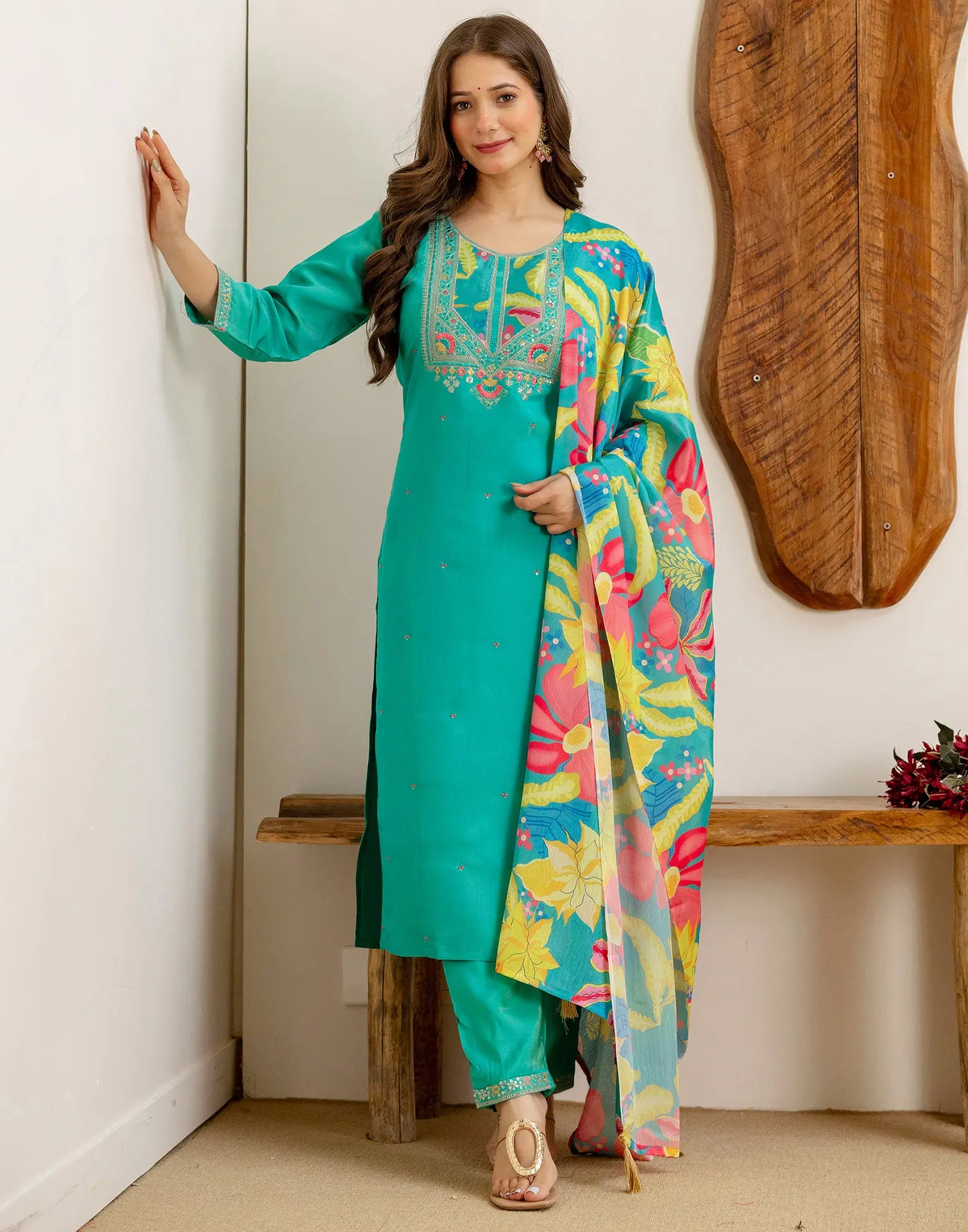 Shimmer Silk Blend Embroidered Straight 3 Piece Kurta Set