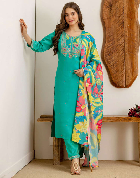 Silk Embroidered Straight Kurta with Pant & Dupatta
