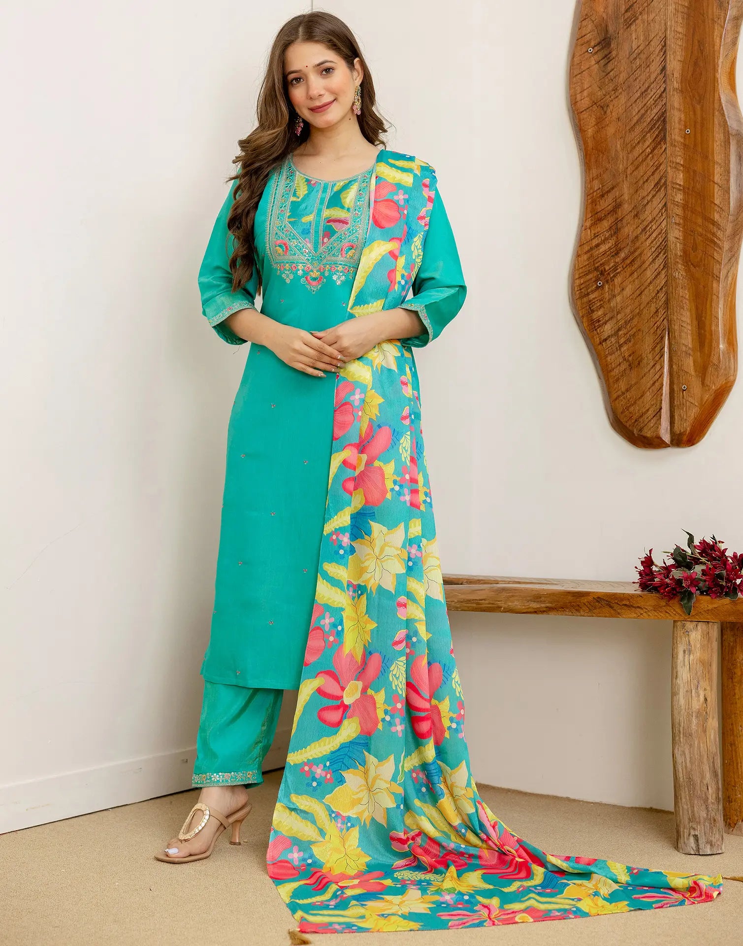 Shimmer Silk Blend Embroidered Straight 3 Piece Kurta Set