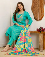 Shimmer Silk Blend Embroidered Straight 3 Piece Kurta Set