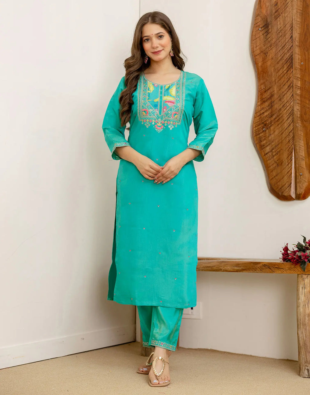 Shimmer Silk Blend Embroidered Straight 3 Piece Kurta Set