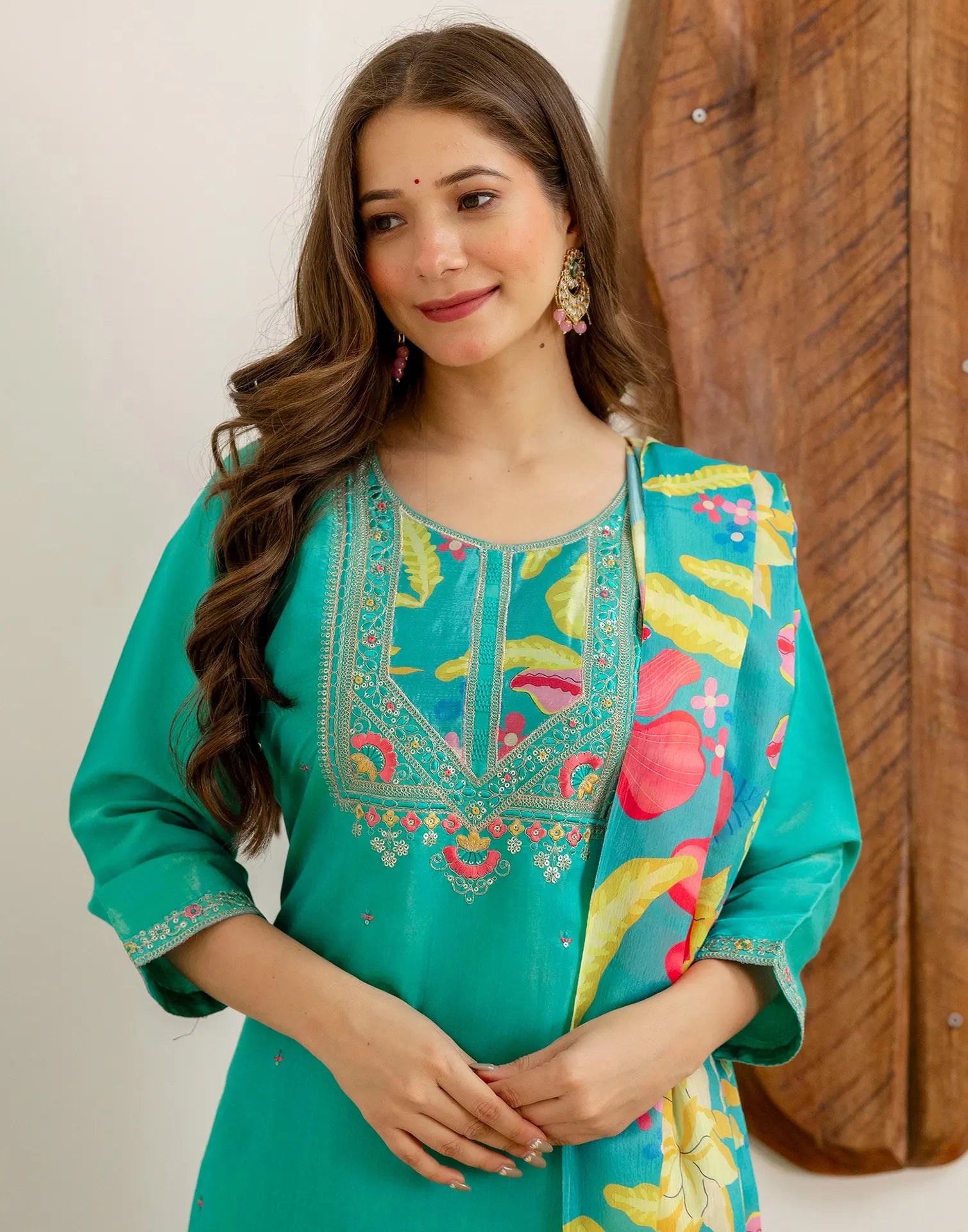 Shimmer Silk Blend Embroidered Straight 3 Piece Kurta Set