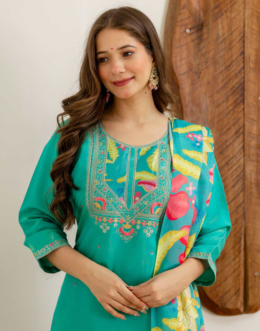 Silk Embroidered Straight Kurta with Pant & Dupatta