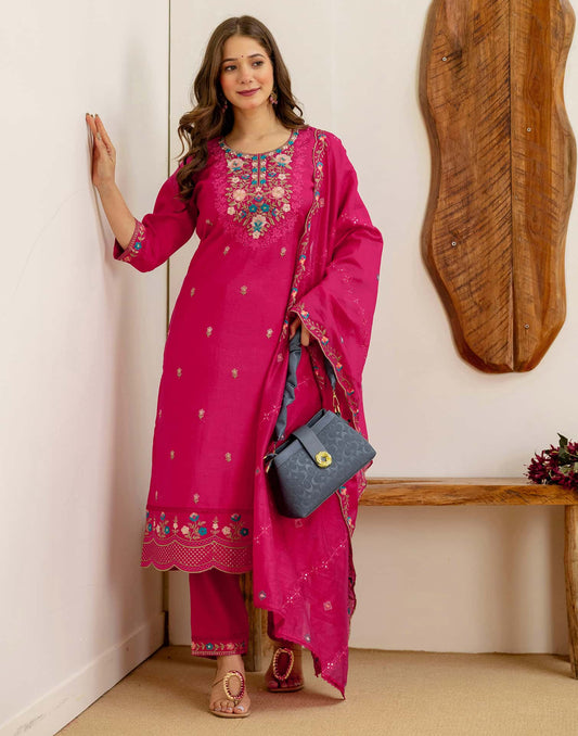 Silk Embroidered Straight Kurta with Pant & Dupatta