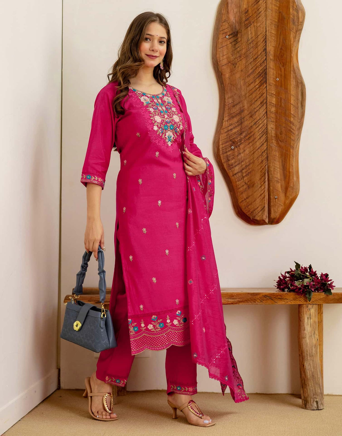 Silk Embroidered Straight Kurta with Pant & Dupatta