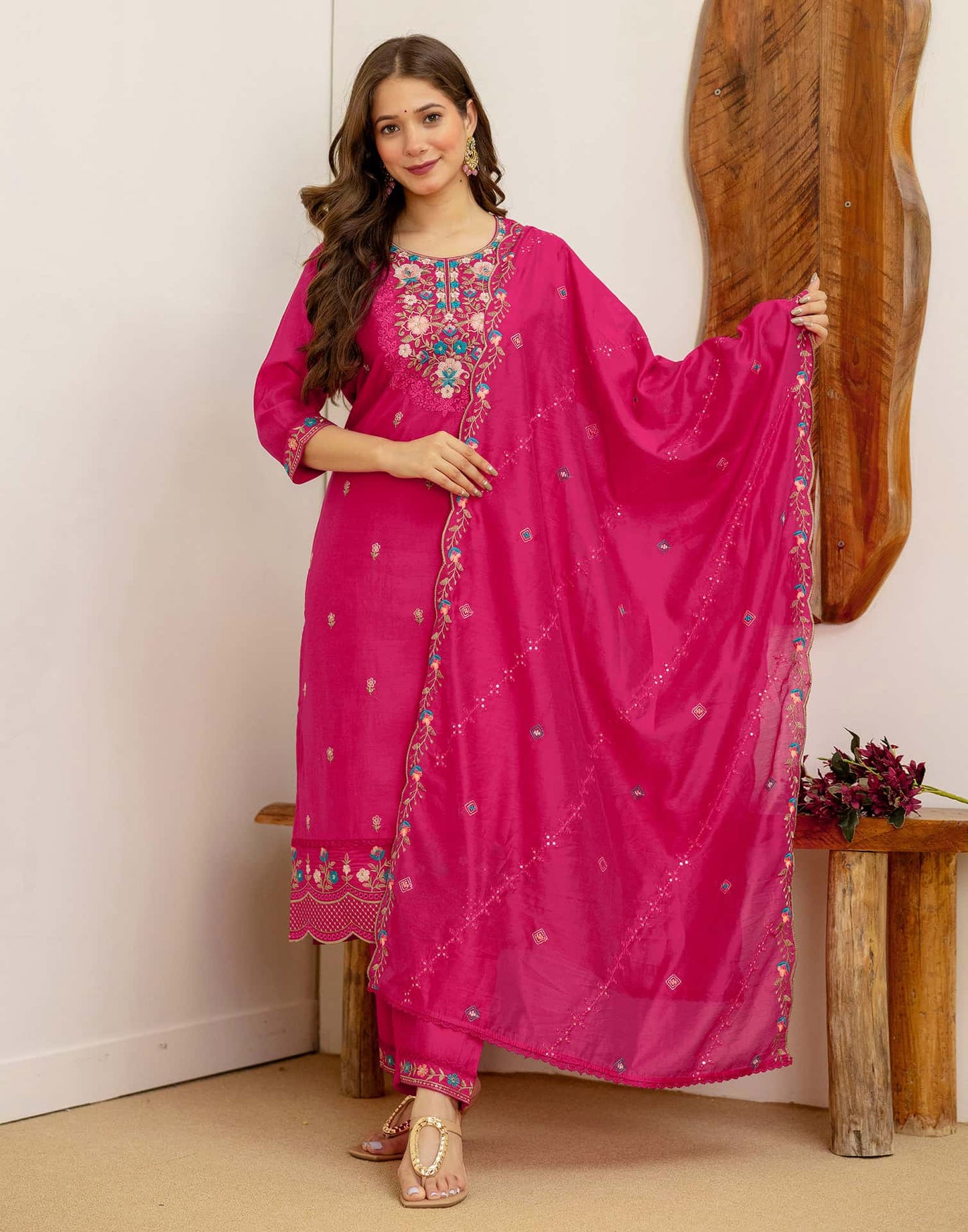 Silk Embroidered Straight Kurta with Pant & Dupatta
