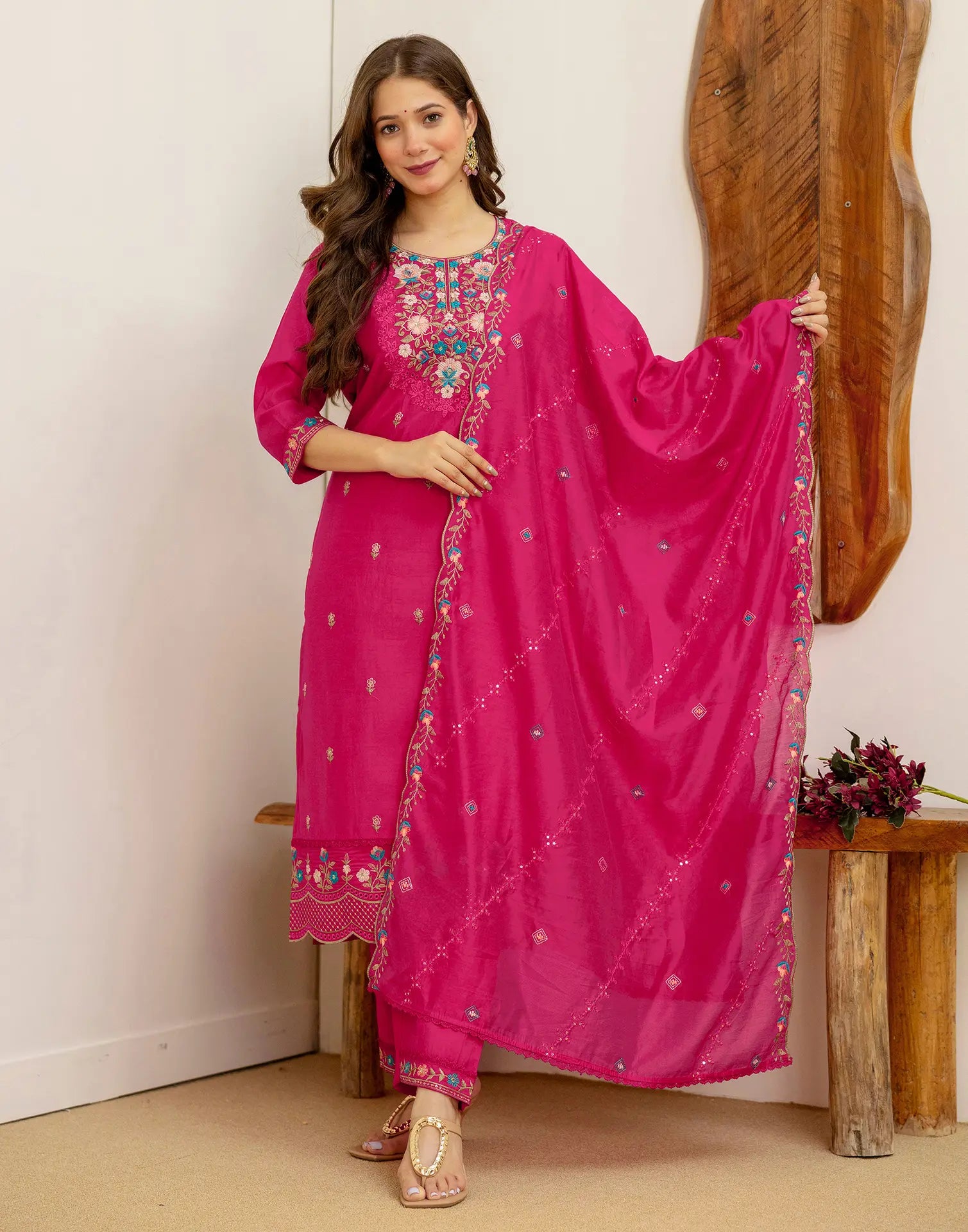 Silk Embroidered Straight 3 Piece Kurta Set