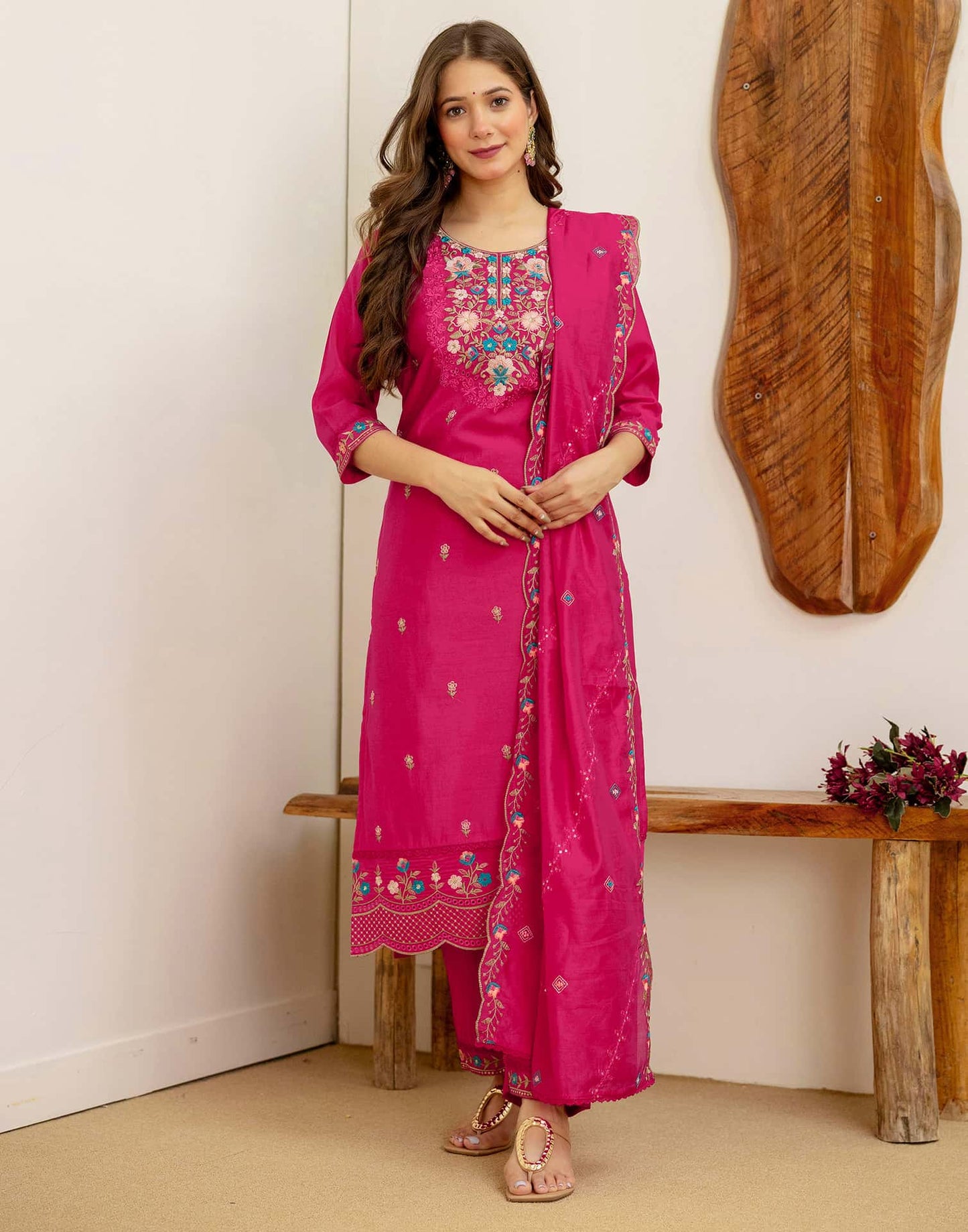 Silk Embroidered Straight Kurta with Pant & Dupatta