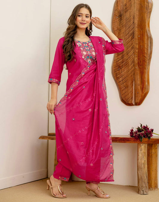 Silk Embroidered Straight Kurta with Pant & Dupatta