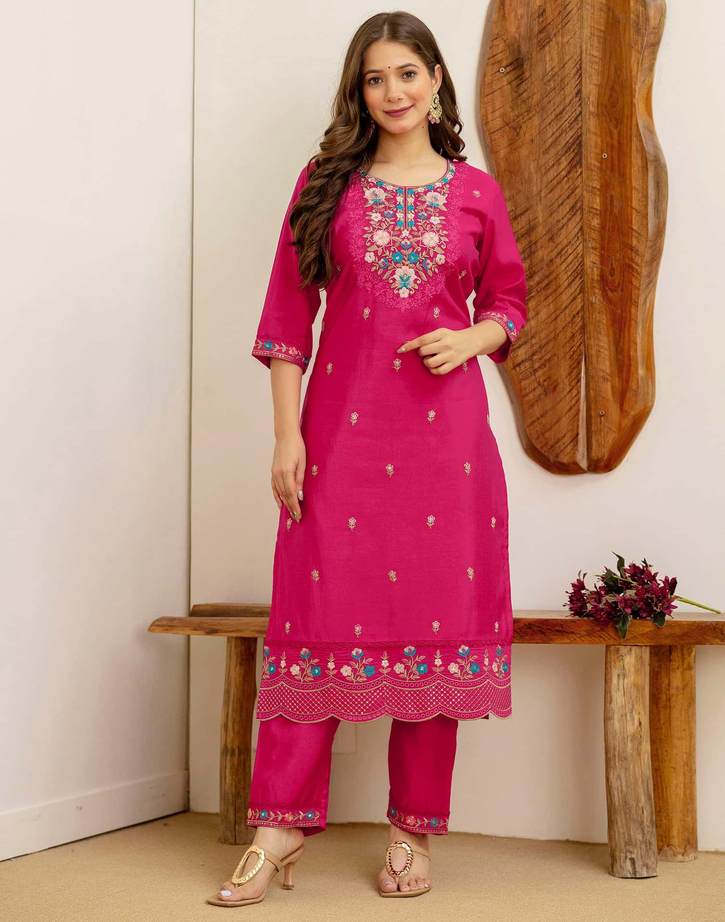 Silk Embroidered Straight Kurta with Pant & Dupatta