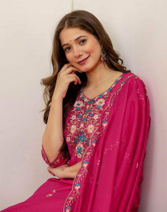 Pink Silk Embroidered Kurta Set with Pant and Dupatta for Wedding