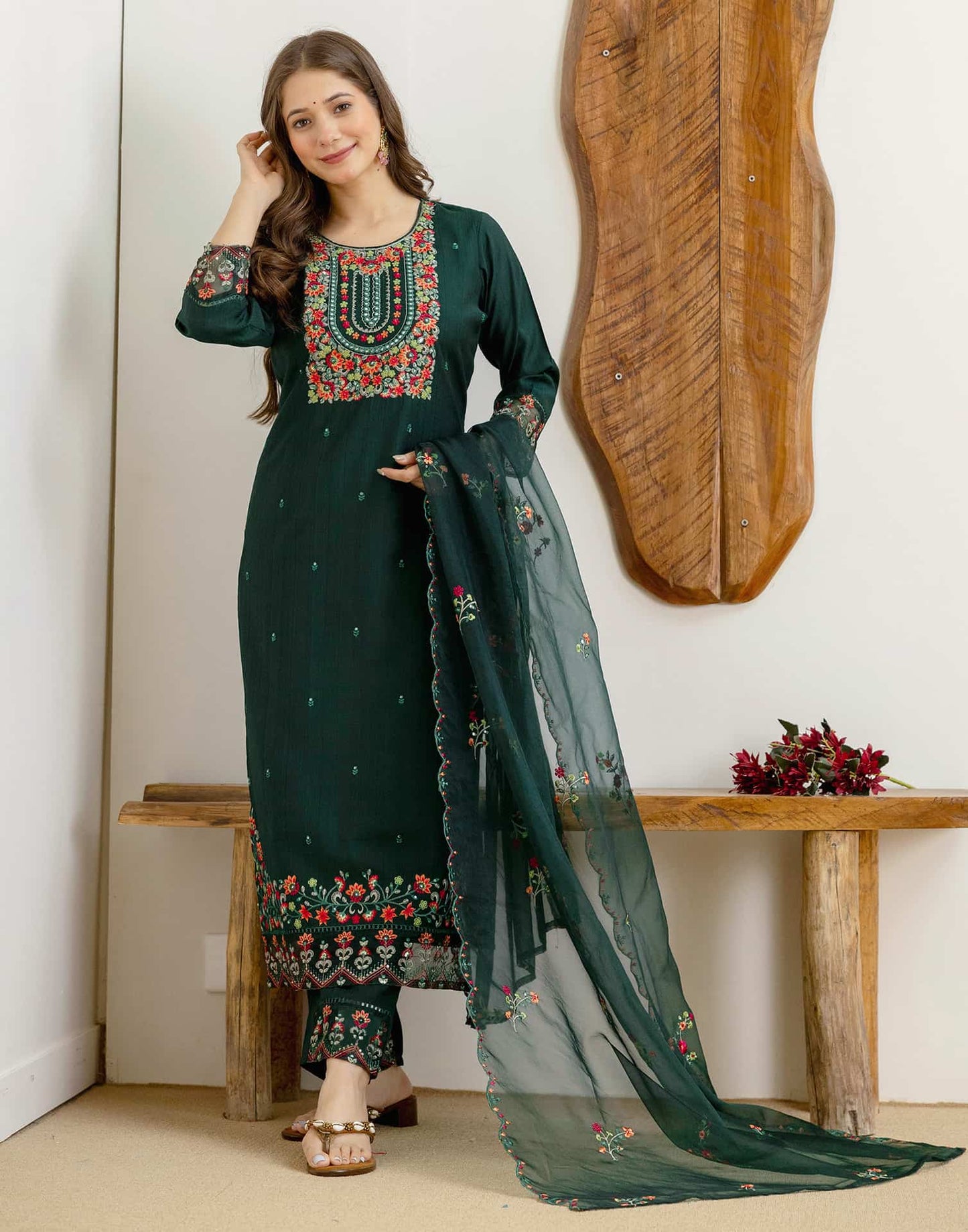 Silk Embroidered Straight Kurta with Pant & Dupatta