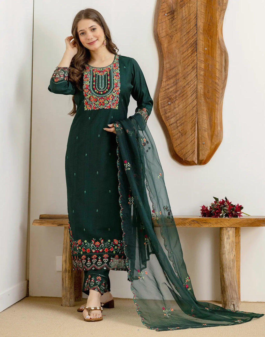 Silk Blend Embroidered Straight 3 Piece Kurta Set