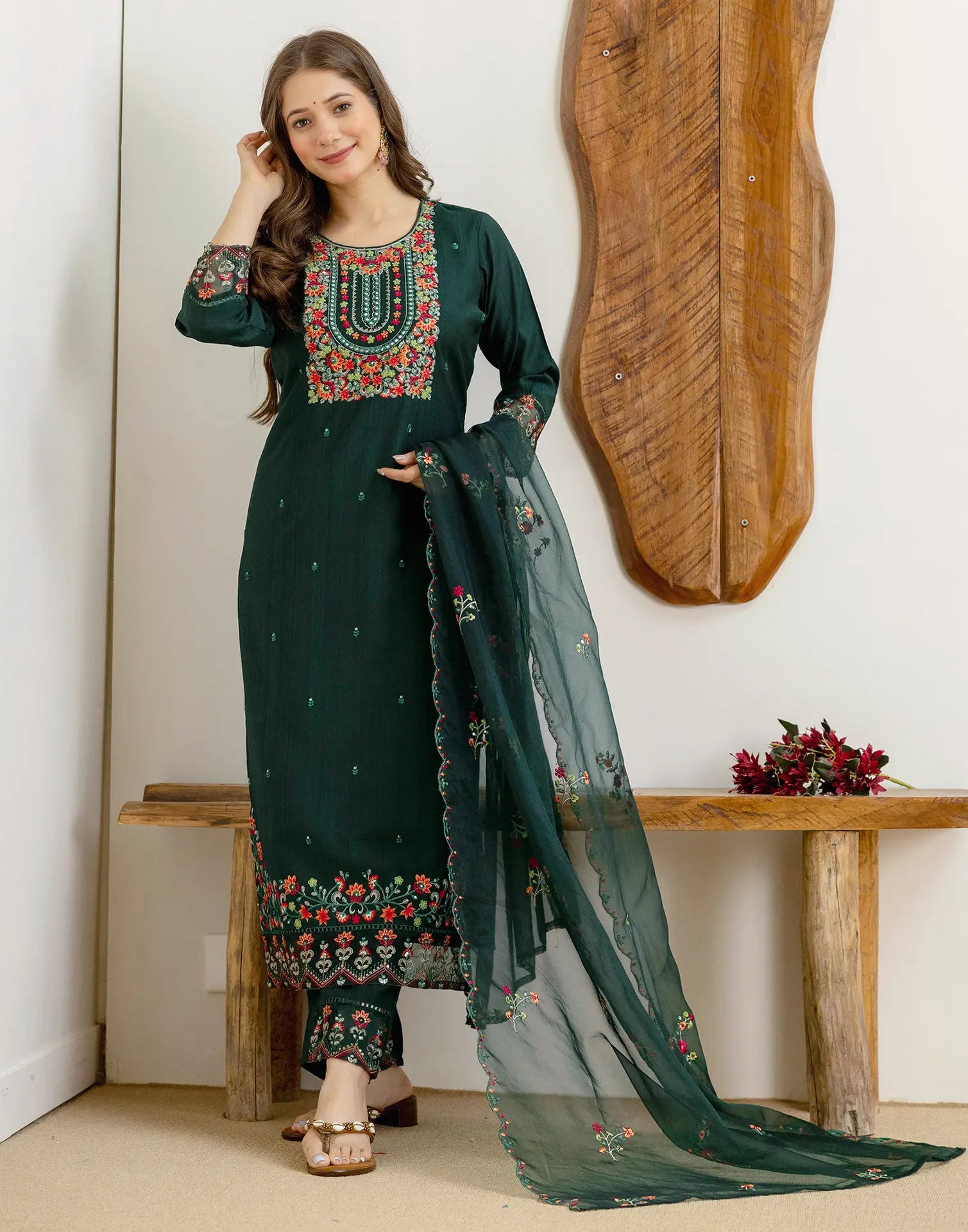 Silk Blend Embroidered Straight 3 Piece Kurta Set