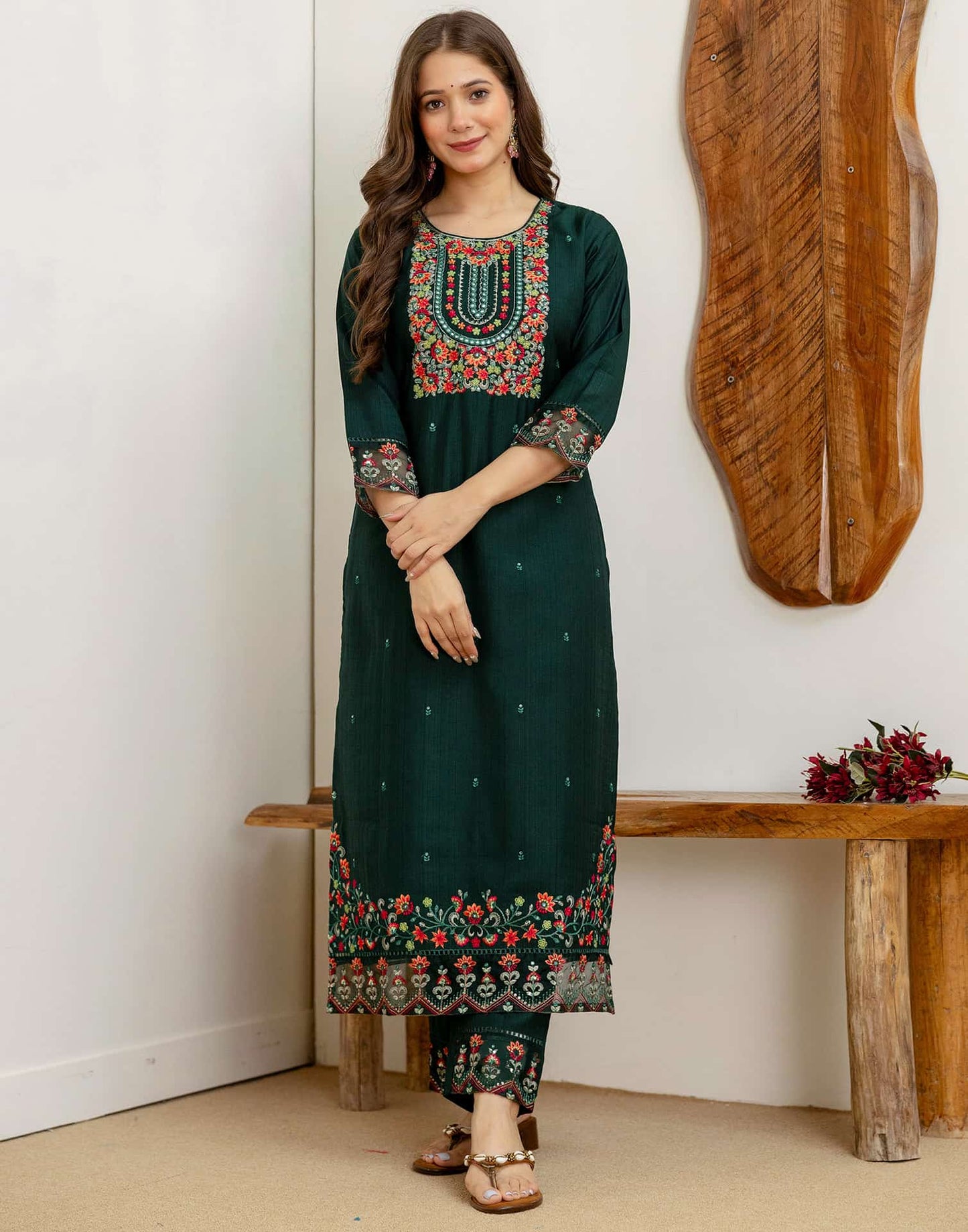 Silk Embroidered Straight Kurta with Pant & Dupatta